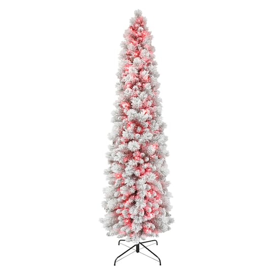 7.5Ft Pre-Lit Flocked Portland Pine Artificial Pencil Christmas Tree, Pink Lights By Puleo International in Green | 7.5 ft | Michaels®